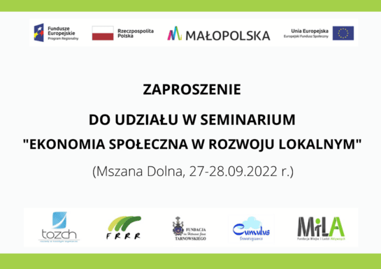Zaproszenie do udziału w seminarium Ekonomia Społeczna w rozwoju lokalnym oraz logotypy projektu OWES Subregion Sądecki